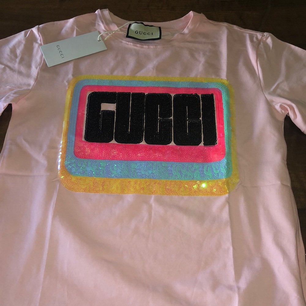 Gucci Pink Tee with Colorful Sequin Logo